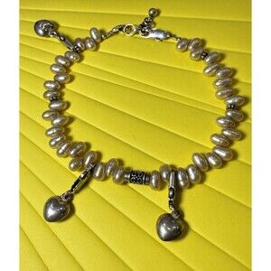 Vtg Oval Pearl Beaded Sterling Silver 925 Bracelet,Heart Charms Lobster Closure